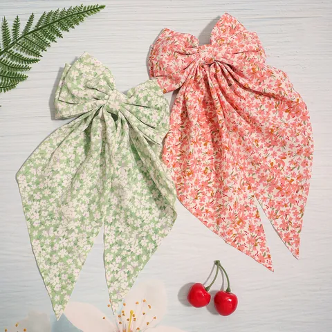 Pinza de Pelo de Lazo de Tela Floral Estilo Coreano Con Cintas Largas Pasador de Estampado Floral Dulce para Mujer