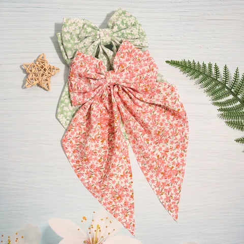 Pinza de Pelo de Lazo de Tela Floral Estilo Coreano Con Cintas Largas Pasador de Estampado Floral Dulce para Mujer