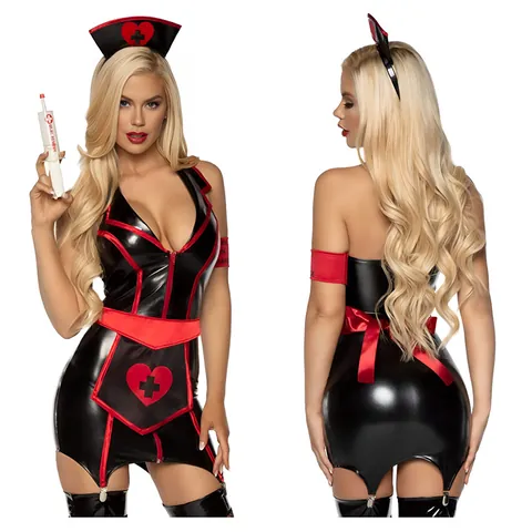 Women Sexy Nurse Roleplay Costume Polyester Halter Neck Backless Top And Bottom With Hat For Halloween Party Outfit
