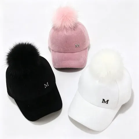 Women Kids Winter Warm Faux Fur Pom Pom Baseball Cap With Metal Letter M Decoration Thick Plush Adjustable Parent-Child Hat