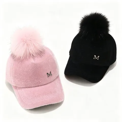 Women Kids Winter Warm Faux Fur Pom Pom Baseball Cap With Metal Letter M Decoration Thick Plush Adjustable Parent-Child Hat