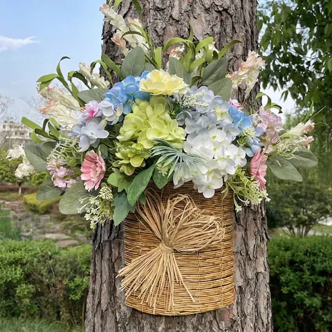 Panier De Fleurs De Tulipes Artificielles Printemps Été Couronne De Porte D'entrée Ferme Paille Tissée Satin Eucalyptus