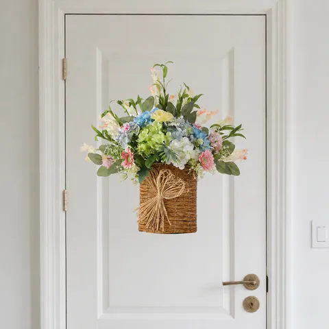 Panier De Fleurs De Tulipes Artificielles Printemps Été Couronne De Porte D'entrée Ferme Paille Tissée Satin Eucalyptus