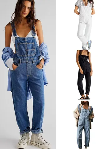Women Denim Overalls Jumpsuit Cotton Adjustable Straps Multi Pockets Straight Leg Casual Retro Fashion Pants