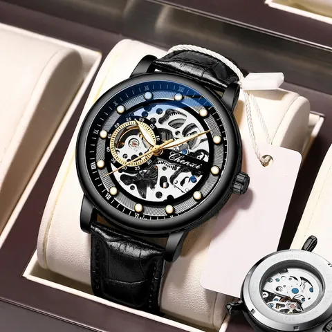 CHENXI Men's Automatic Skeleton Mechanical Watch Business Fashion Luminous Waterproof Leather Stainless Steel Band Wristwatch CX-8843