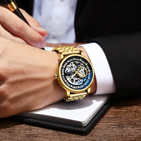 CHENXI Men's Automatic Skeleton Mechanical Watch Business Fashion Luminous Waterproof Leather Stainless Steel Band Wristwatch CX-8843