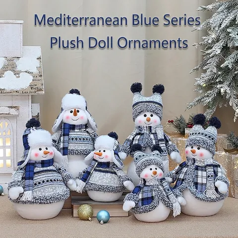 Christmas Snowman Plush Doll Knitted Fabric Holiday Ornament Winter Home Desktop Decoration Mediterranean Blue White Grey