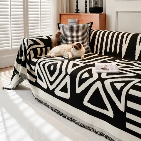 Bohemian Chenille Sofa Throw Blanket Geometric Pattern Sofa Slipcover With Fringe Universal Decorative Furniture Protector