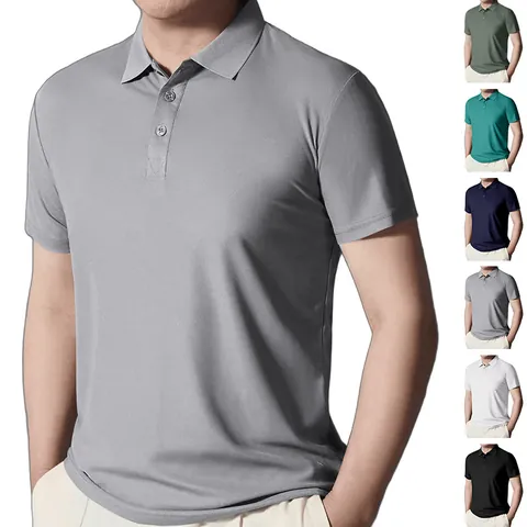 Polo Da Uomo A Maniche Corte In Maglia Piqué Di Poliestere Traspirante Business Casual Tinta Unita Moda Top