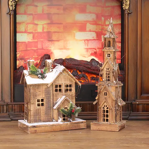 Ornement Maison De Noël En Bois Cabane Lumineuse LED Avec Fausse Neige Aiguilles De Pin Baies Décor De Table