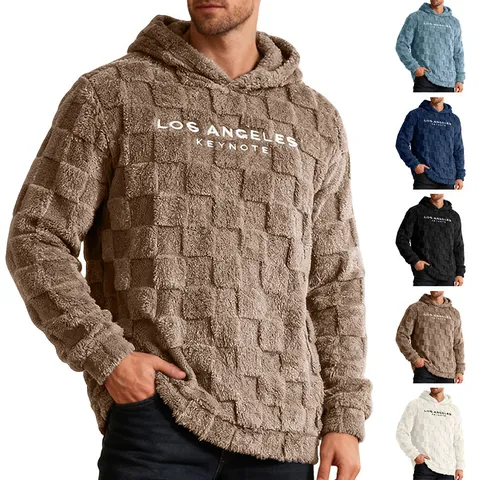 Sweat À Capuche Homme Pullover Sherpa Polaire Gaufré À Damier Brodé Ample Décontracté Sportif