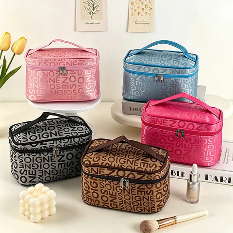 Borsa Cosmetica Portatile Grande Capacità Tessuto Jacquard Motivo A Lettere Organizzatore Da Viaggio Con Specchio Quadrato Per Donne