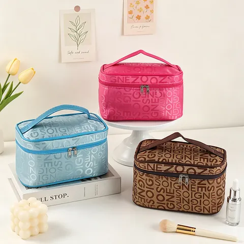 Borsa Cosmetica Portatile Grande Capacità Tessuto Jacquard Motivo A Lettere Organizzatore Da Viaggio Con Specchio Quadrato Per Donne