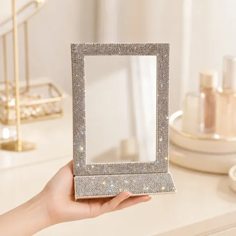 Foldable Makeup Mirror With Sparkly Rhinestone PU Leather Portable Desktop Rectangular Bling Vanity Mirror For Women