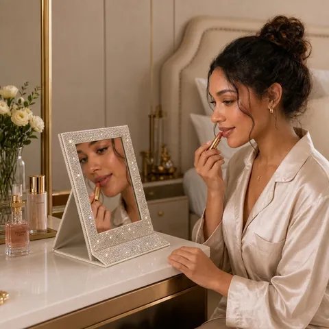 Foldable Makeup Mirror With Sparkly Rhinestone PU Leather Portable Desktop Rectangular Bling Vanity Mirror For Women