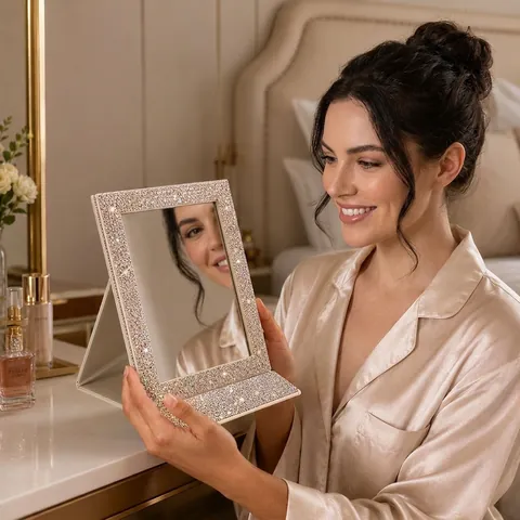 Foldable Makeup Mirror With Sparkly Rhinestone PU Leather Portable Desktop Rectangular Bling Vanity Mirror For Women