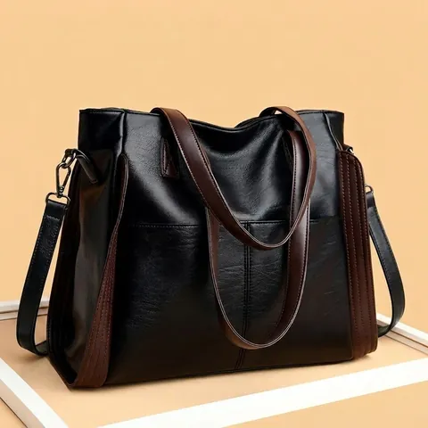 Women Large Capacity Tote Bag Contrast Color PU Leather Shoulder Handbag With Detachable Crossbody Strap Casual Fashion