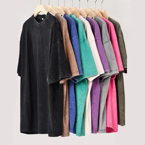 Maglietta Vintage in Cotone Pesante Lavato Effetto Consumato Tinta a Cera Manica Corta Girocollo Top And Bottom Casual Streetwear