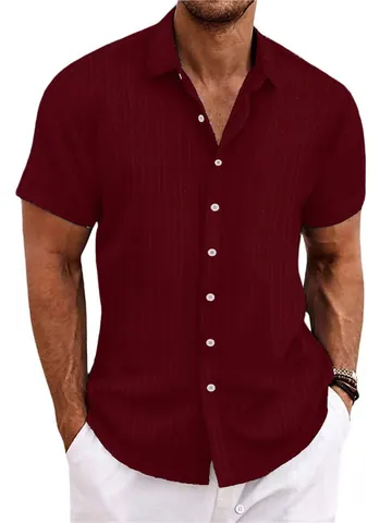 Heren Katoenmix Jacquard Korte Mouw Overhemd Casual Los Ademend Opstaande Kraag Vakantie Strand Top