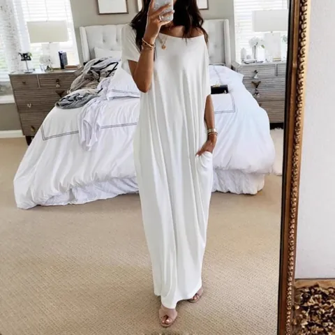 Robe Longue Maxi en Tricot Décontractée d'Été pour Femmes Col Bateau Couleur Unie Coupe Ample Avec Poches pour Vacances
