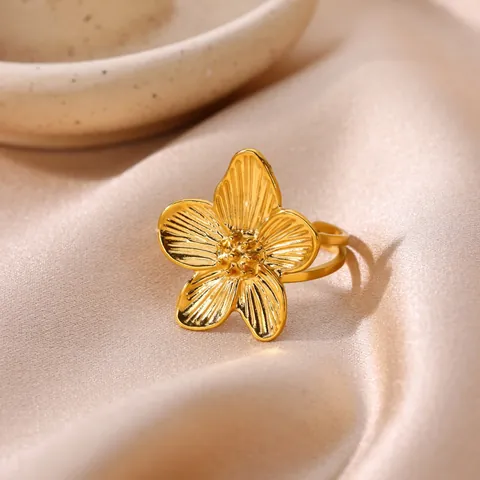 Fashion Light Luxury Stainless Steel Flower Open Ring For Women Gold Plated Textured Floral Adjustable Finger Ring Jewelry