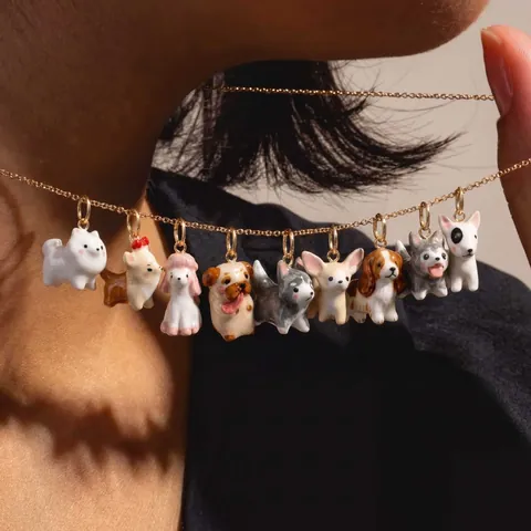 Cute Cartoon Dog Pendant Enamel Copper Animal Charms For DIY Necklace Making Minimalist Puppy Pendants For Women Jewelry Accessories