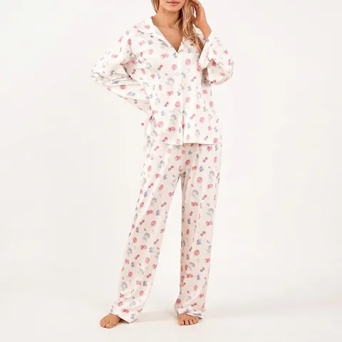 Conjunto de Pijama para Mujer Estilo Étnico Estampado de Flores y Frutas Camisa de Manga Larga con Botones y Pantalones de Seda Lino Algodón