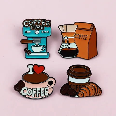 Creative Coffee Series Enamel Brooch Zinc Alloy Coffee Machine Kettle Heart Cup Croissant Badge For Backpack Clothes Fashion Decoration