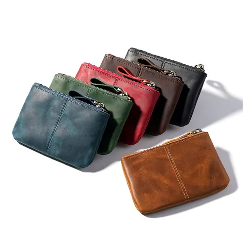 Vintage Crazy Horse Genuine Leather Coin Purse Slim Mini Wallet Zipper Cowhide Card Holder For Men Women Retro Change Pouch