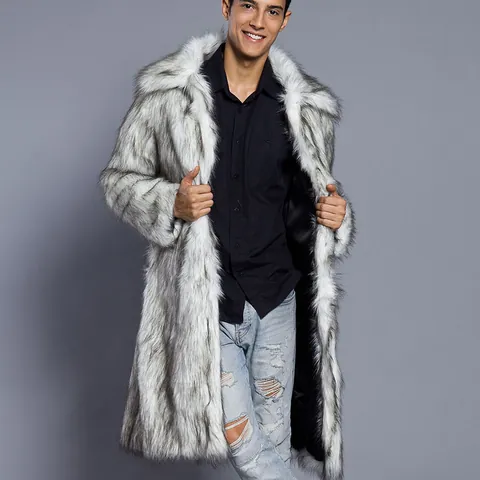 Manteau Long en Fausse Fourrure pour Homme Automne Hiver Chaud Épais Col Carré Veste Style Streetwear pour Homme