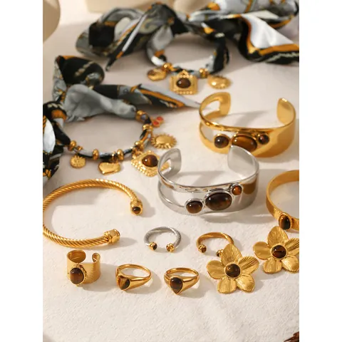 Vintage Roestvrij Stalen Tijgeroog Steen Sieradenset Voor Dames Niche Goud Zilver Armband Hart Ring Bloem Oorbellen Cadeau