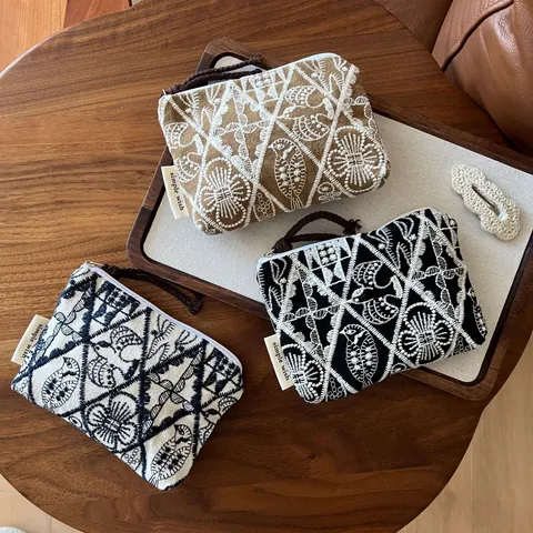Porte-monnaie en Toile Broderie Vintage Français Trousse à Maquillage Jacquard Dentelle Florale Petite Pochette Carrée Artistique
