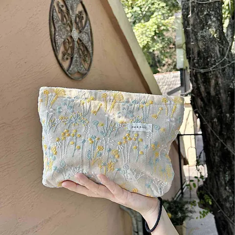 Borsa da Trucco Pastorale Ricamata Piante Grande Capacità Cotone Lino Beauty Case Stampa a Rilievo Organizer Trucco Donna Pochette