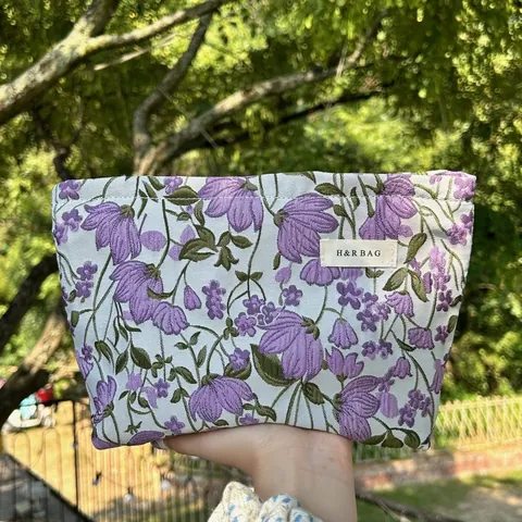 Borsa da Trucco Pastorale Ricamata Piante Grande Capacità Cotone Lino Beauty Case Stampa a Rilievo Organizer Trucco Donna Pochette