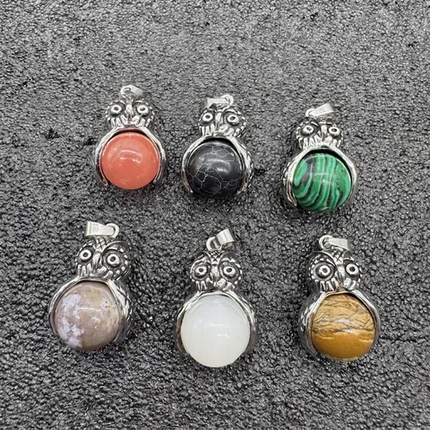 Vintage Alloy Owl Pendant Necklace For Men Women Antique Silver Natural Agate Stone Bead Wrapped Personalized Jewelry Gift