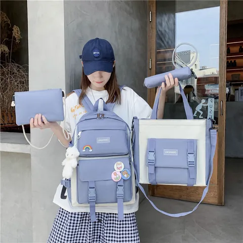 Korean Style Oxford Cloth School Backpack For Students Large Capacity Contrast Color Backpack With Tote Bag Crossbody Bag Pencil Case And Bear Ornament