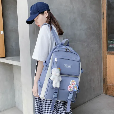 Korean Style Oxford Cloth School Backpack For Students Large Capacity Contrast Color Backpack With Tote Bag Crossbody Bag Pencil Case And Bear Ornament