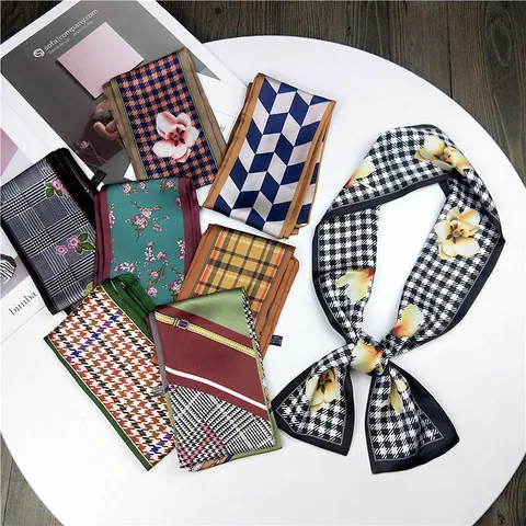 Schicker langer, schmaler Damenschal aus Polyester mit Blumen-, Hahnentritt- und Geomustern Vielseitiges Band für Haar und Tasche