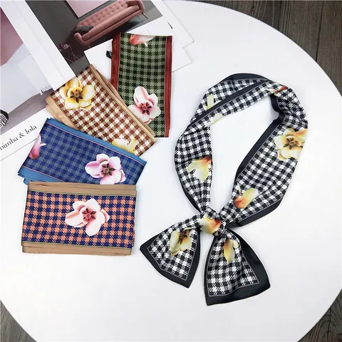 Schicker langer, schmaler Damenschal aus Polyester mit Blumen-, Hahnentritt- und Geomustern Vielseitiges Band für Haar und Tasche