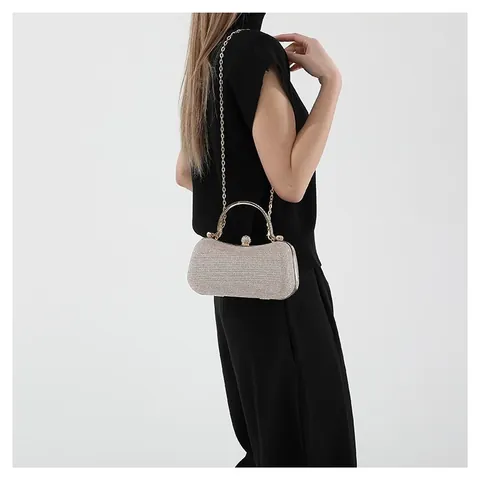 Luxury Alloy Rhinestone Glitter Evening Bag Metallic Handle Sequin Clutch Shoulder Bag For Women Wedding Party Elegant Handbag