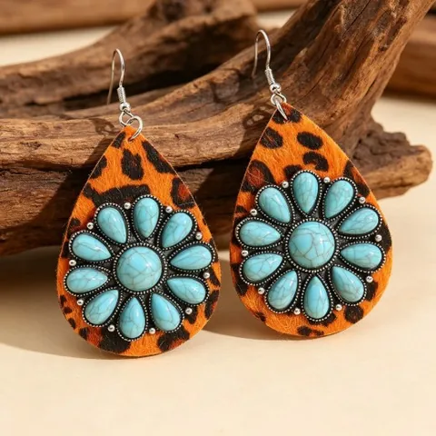 Westliche Retro Tropfenform Leopardenmuster PU Leder Hängeohrringe Für Damen Böhmische Künstliche Türkis Blumen Ohrringe