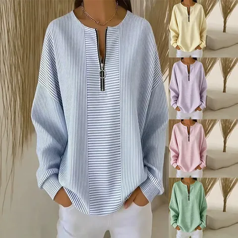 Damen Gestreiftes Reißverschluss Langarm Top Überschnittene Schulter Lässiges Rundhals T-Shirt Polyester Gespleißtes Top