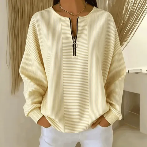 Damen Gestreiftes Reißverschluss Langarm Top Überschnittene Schulter Lässiges Rundhals T-Shirt Polyester Gespleißtes Top