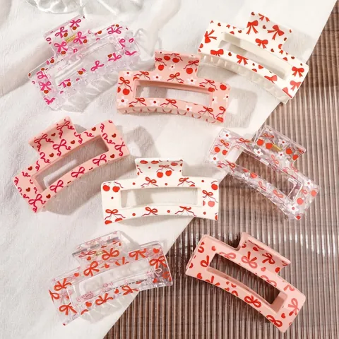 Sweet Korean Style PS Hair Claw Clip With Heat Transfer Bow Heart Patterns Floral Hair Styling Accessory For Women