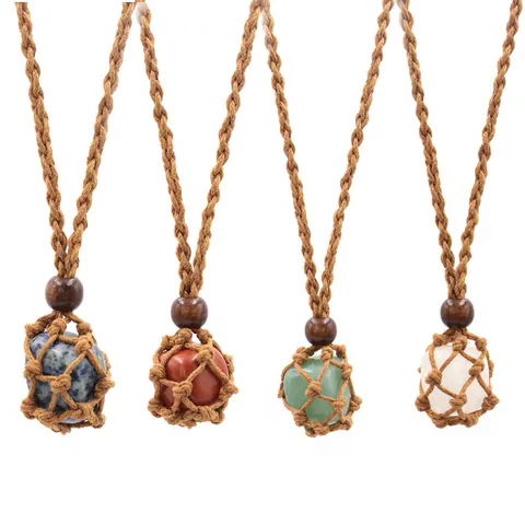 Natural Stone Crystal Raw Ore Handmade Woven Mesh Bag Pendant Necklace Adjustable Sweater Chain For Women Boho Jewelry