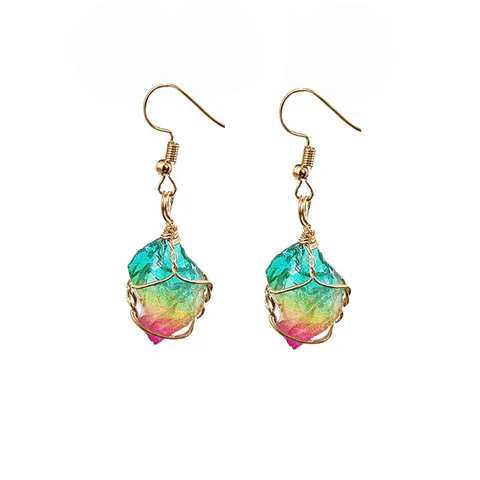 Handmade Natural Raw Crystal Wire Wrapped Hook Earrings For Women Vintage Irregular Rainbow Stone Amethyst Healing Dangle Earrings