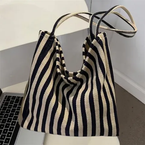 Bolso de Hombro de Lona a Rayas de Gran Capacidad para Mujer Bolso Tote Artístico Minimalista Bolso de Mano de Estilo Relajado