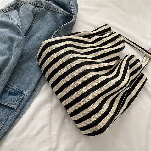 Gestreifte Segeltuch Einkaufstasche Große Kapazität Lässige Schulterhandtasche Retro Stil Frauen Täglich