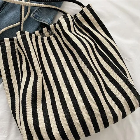 Women Canvas Tote Bag Casual Striped Single Shoulder Bag Large Capacity Shopping Bag Retro Literary Handbag Purse