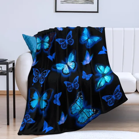 Manta de Franela con Impresión Digital de Mariposa Azul Manta de Poliéster Súper Suave para Sofá Cama Decoración del Hogar